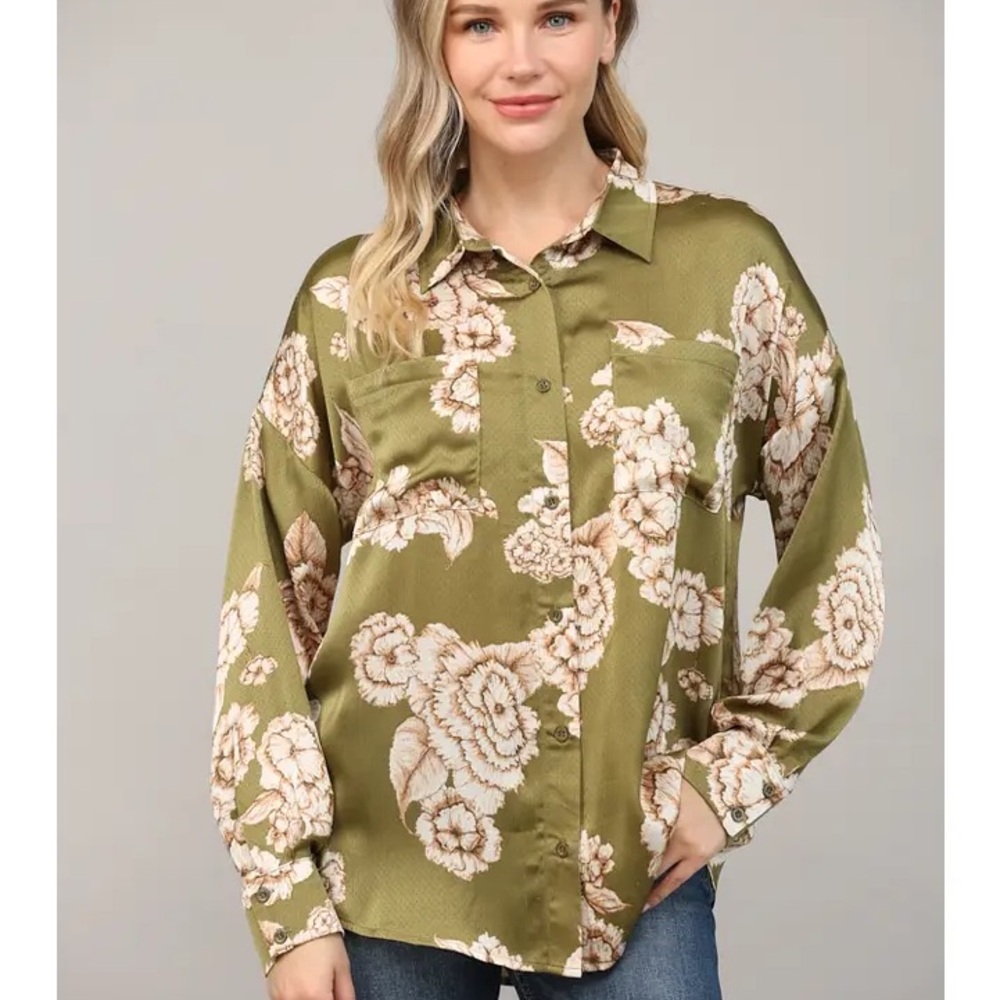 Fate Olive Floral Button-Down Shirt